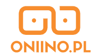 Logo jest to pomarańczowy napis Oniino.pl a nad nim również pomarańczowy wzór na kształt okularów. W środku ma dwie kropki, po jednej w każdym kwadracie.